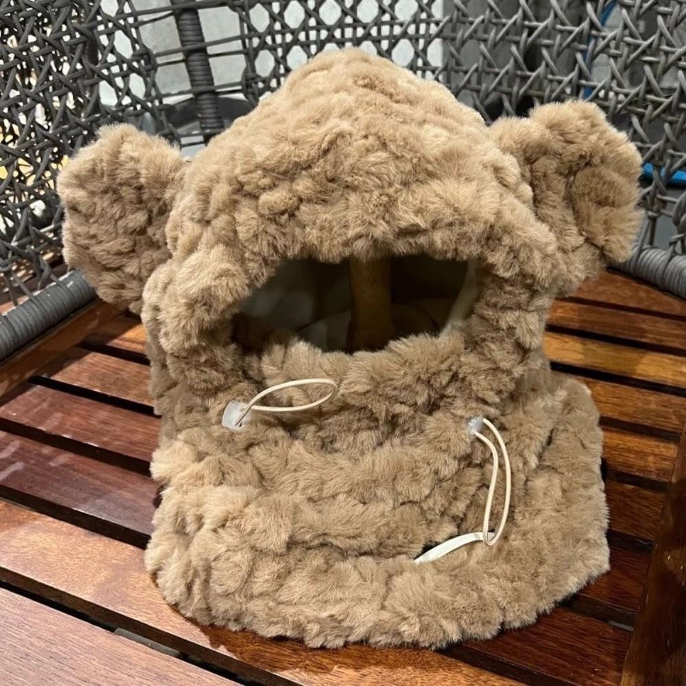 Цельная зимняя плюшевая шапка Ветрозащитная шапка для девочки Шапка-капюшон с шарфом Модная шапка-капор с ушками хаки